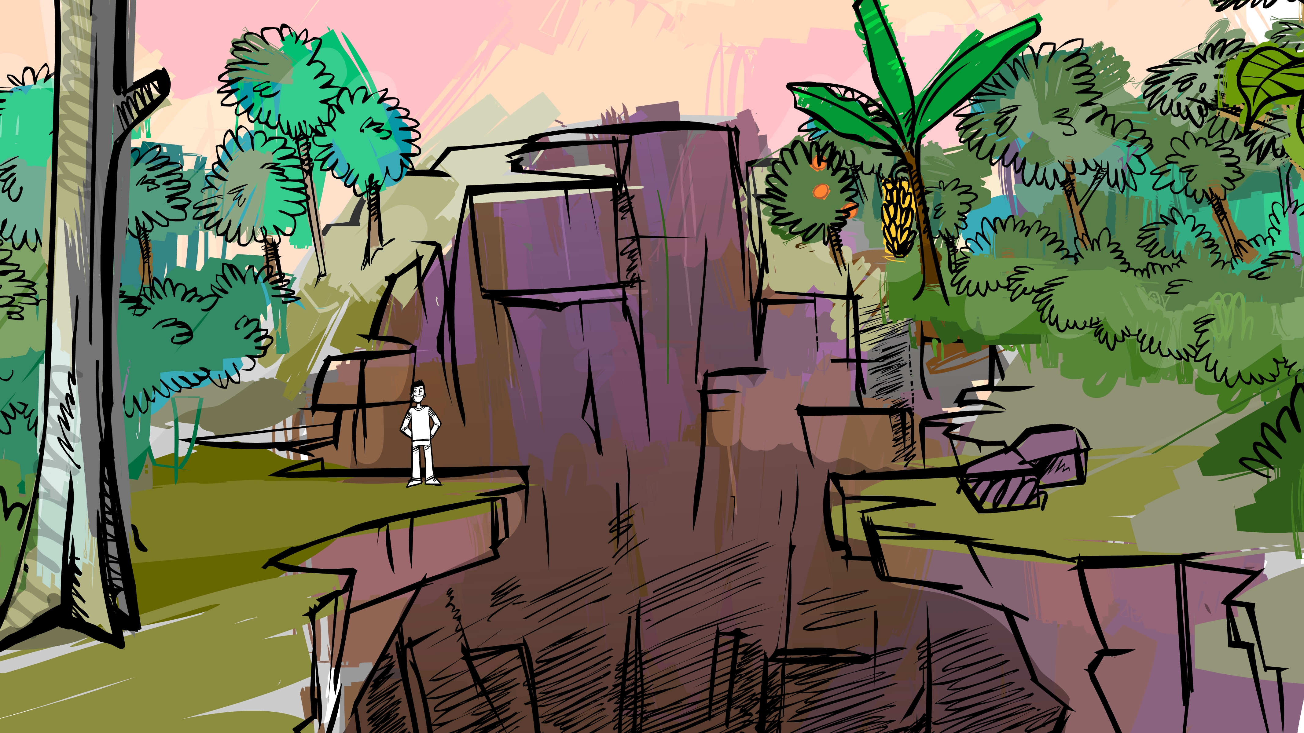 Jungle canyon cliff background scene with banana tree
