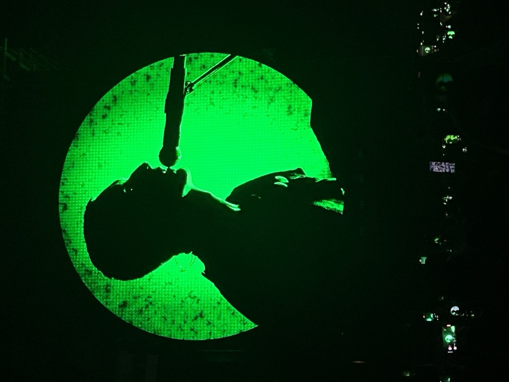 Singer in silhouette against a green stage screen