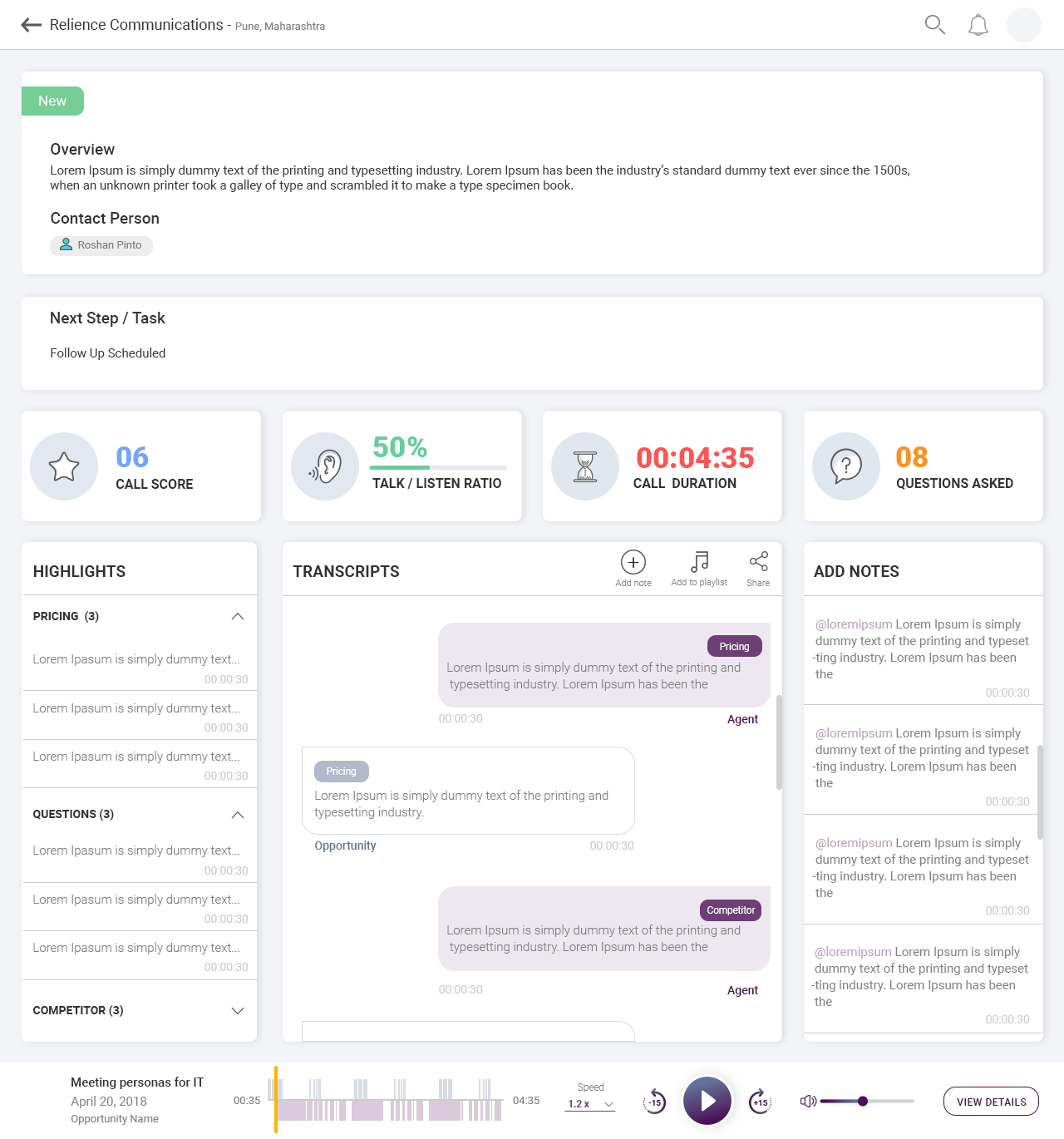 2018 inherited Call Review: overview and contact panel, four metric cards, and Highlights / Transcript / Notes columns with a bottom audio player.