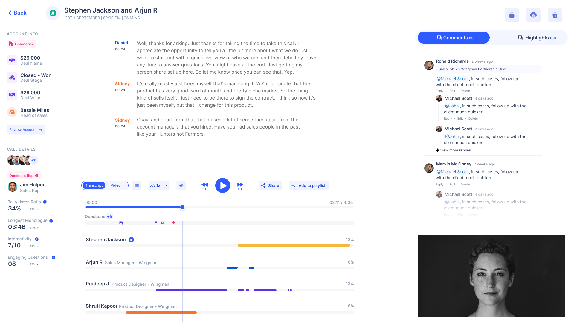 2019 Call Review redesign: CRM info left, video and transcript center, comments and highlights right.