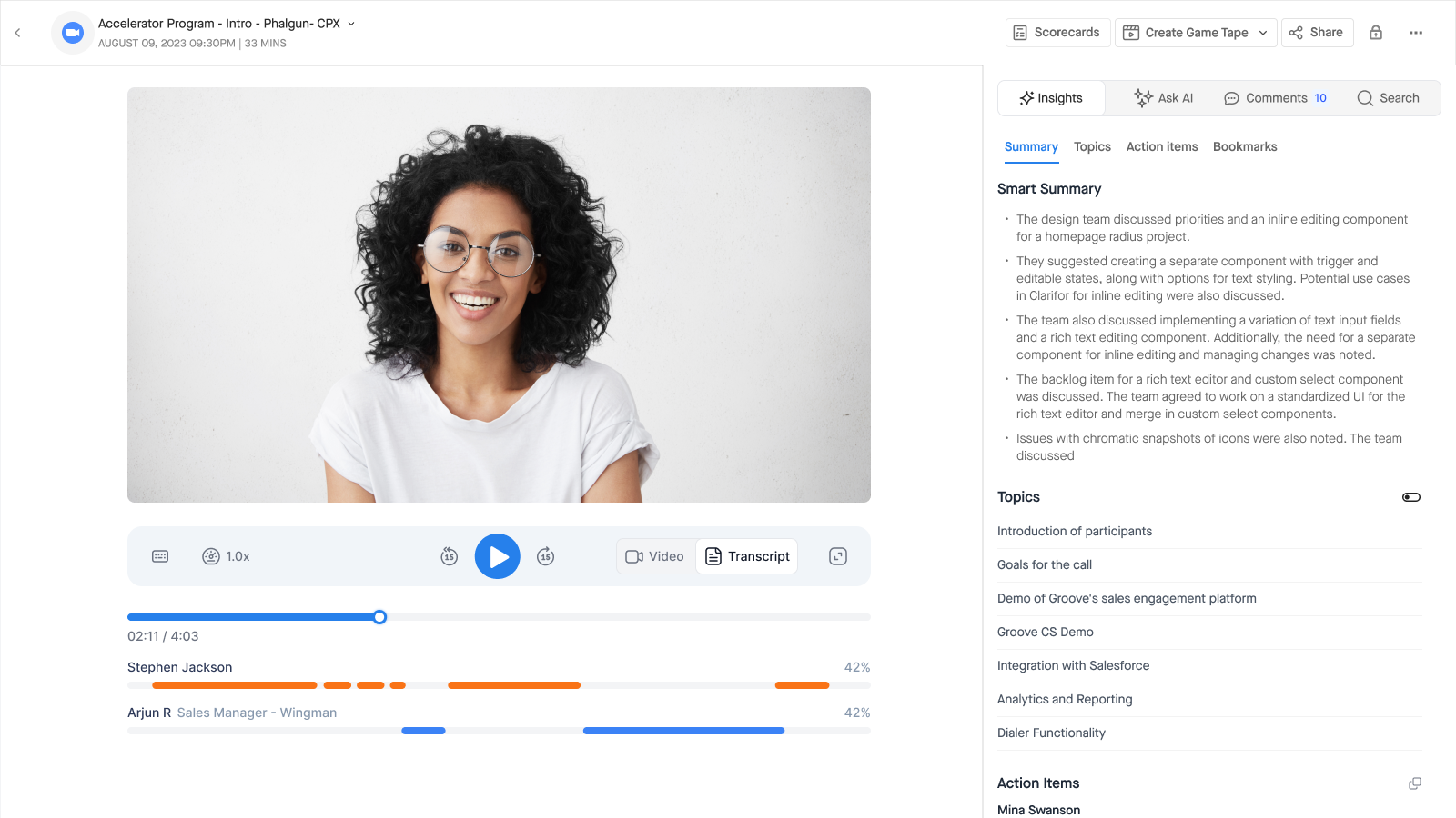 Redesigned Clari Copilot Call Review, two-column AI-first layout