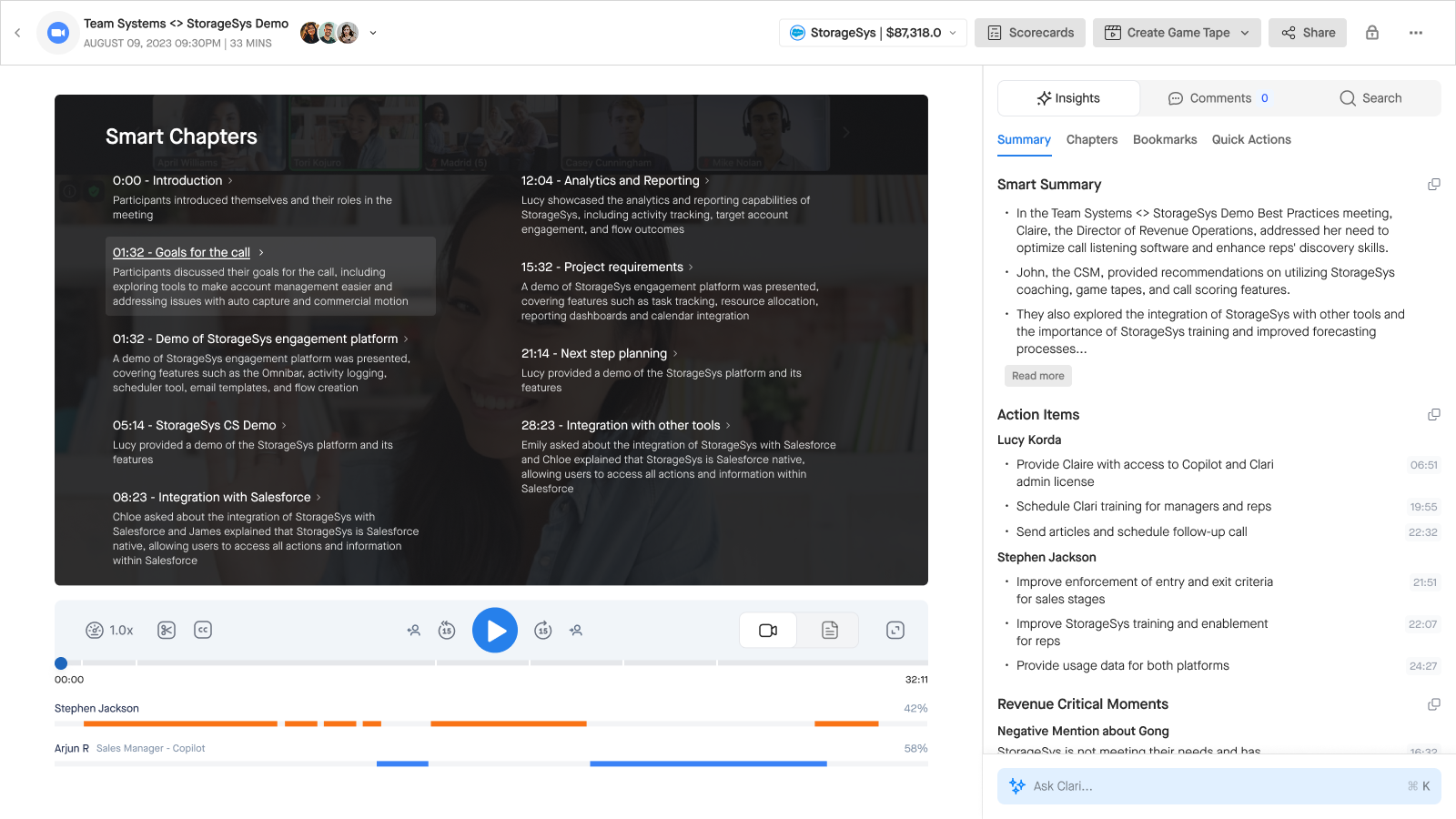 Smart Chapters overlaid on the video: timestamped sections with one-line descriptions of each part of the call.
