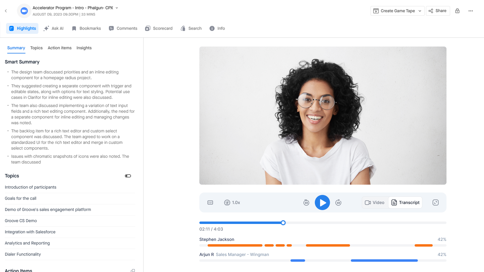 Exploration: Call Review top bar with deal name and value, and a disclosure containing CRM info, close date, stage and contacts.