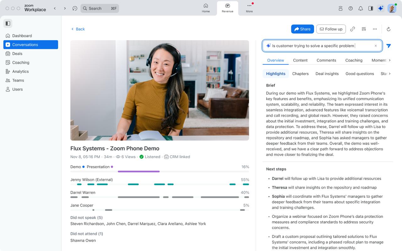 Zoom Revenue Accelerator call view: video with speaker timelines and an AI insights panel on the right.