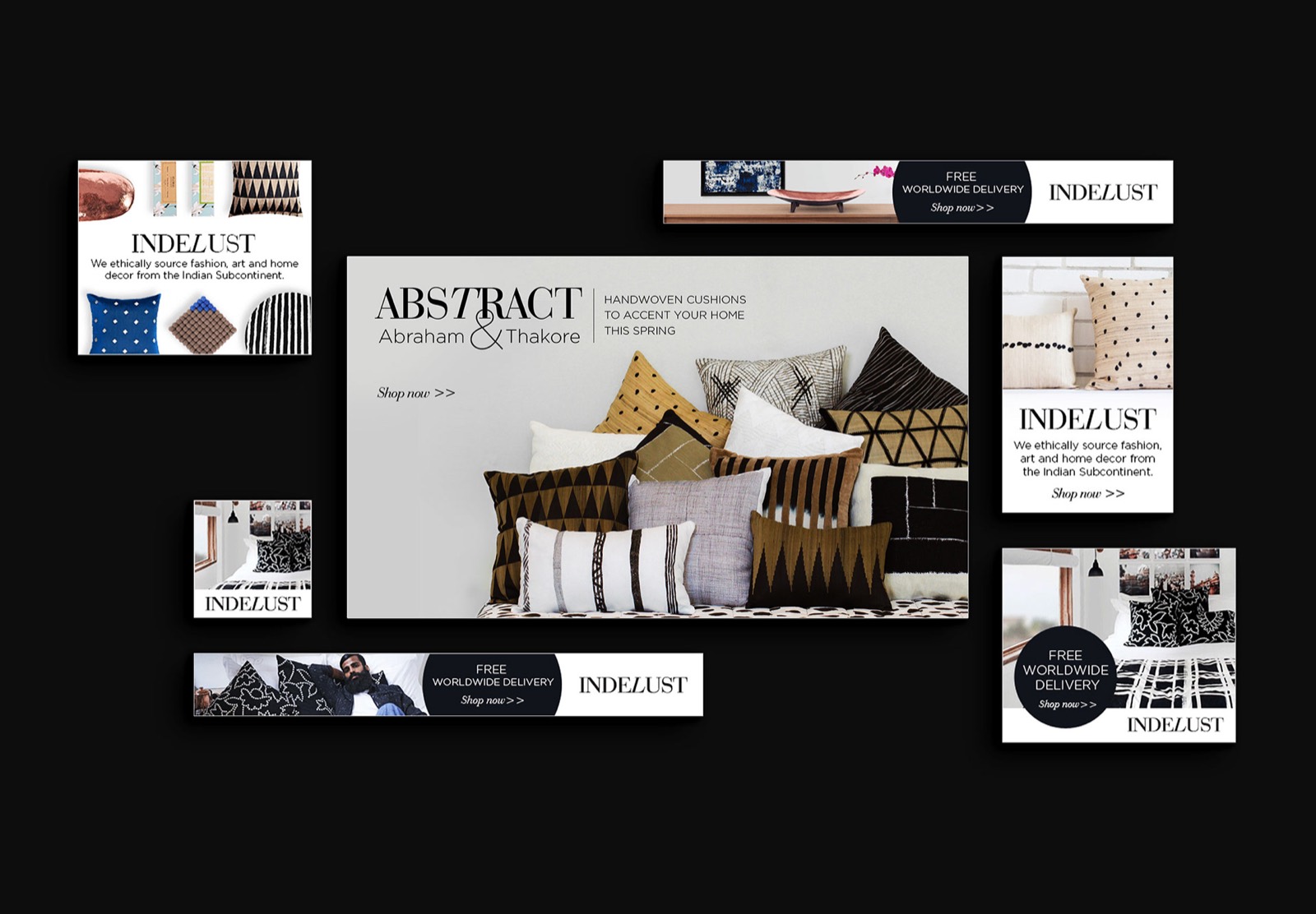 A set of Indelust display ads for the Abraham & Thakore 'Abstract' handwoven cushion collection, laid out across leaderboard, square and skyscraper banner sizes on a black background.