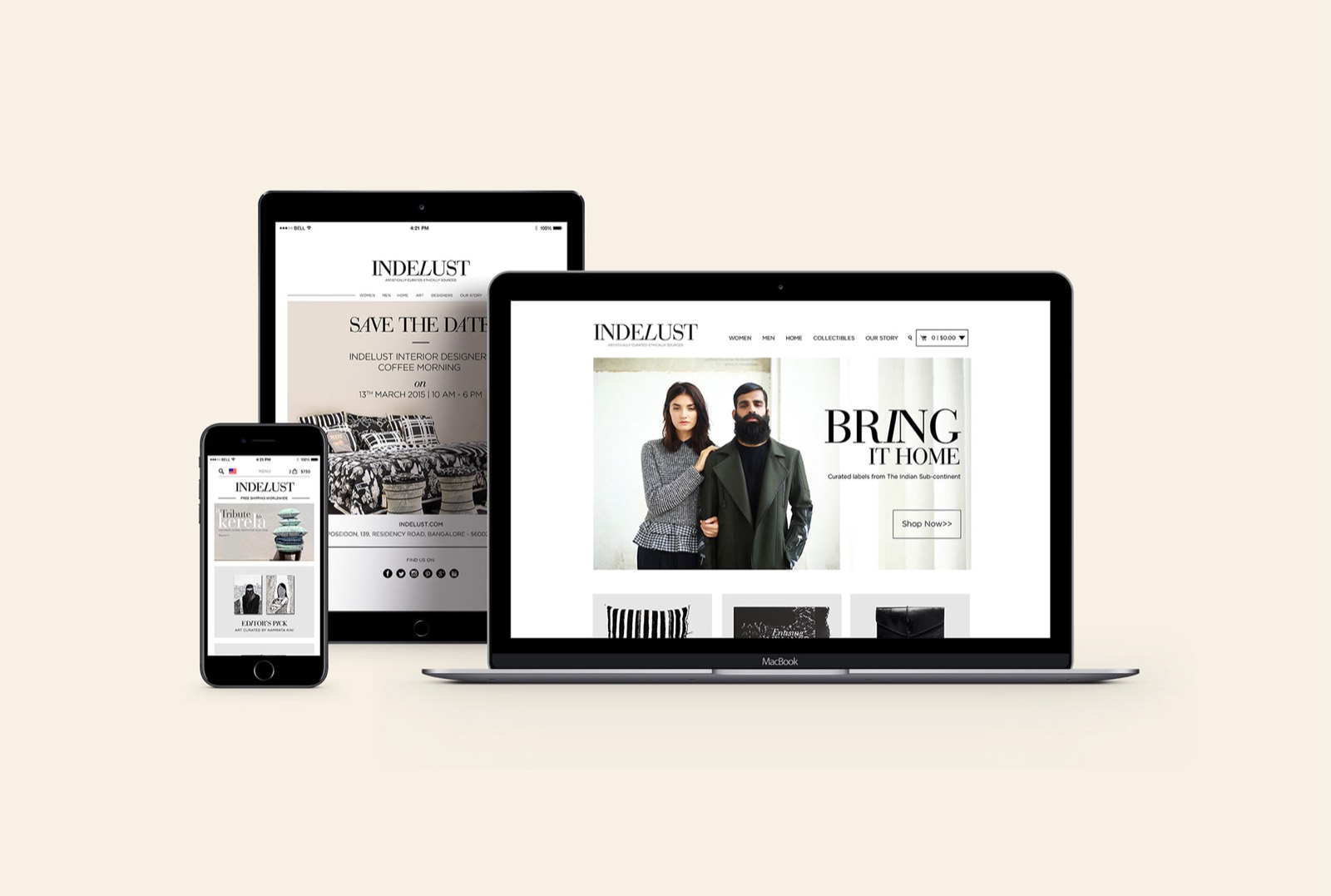 The minimal black-and-white Indelust storefront shown across laptop, tablet and phone