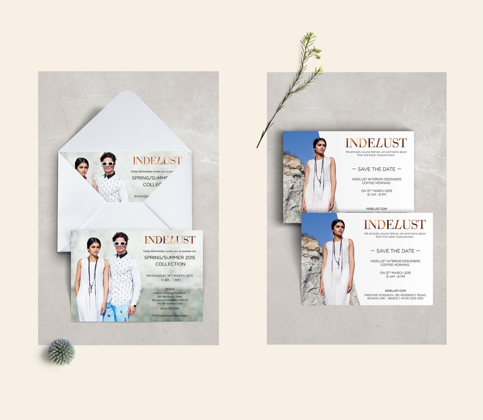 Indelust print invitations for the Spring/Summer 2015 collection preview and a 'Save the Date' coffee morning, with envelopes.