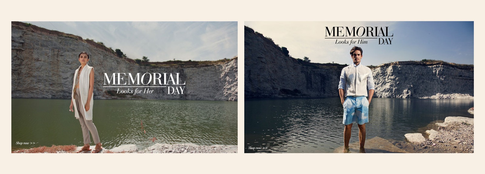 Two Indelust web banners reading 'Memorial Day — Looks for Her' and 'Looks for Him', built from photographs shot at a stone quarry.