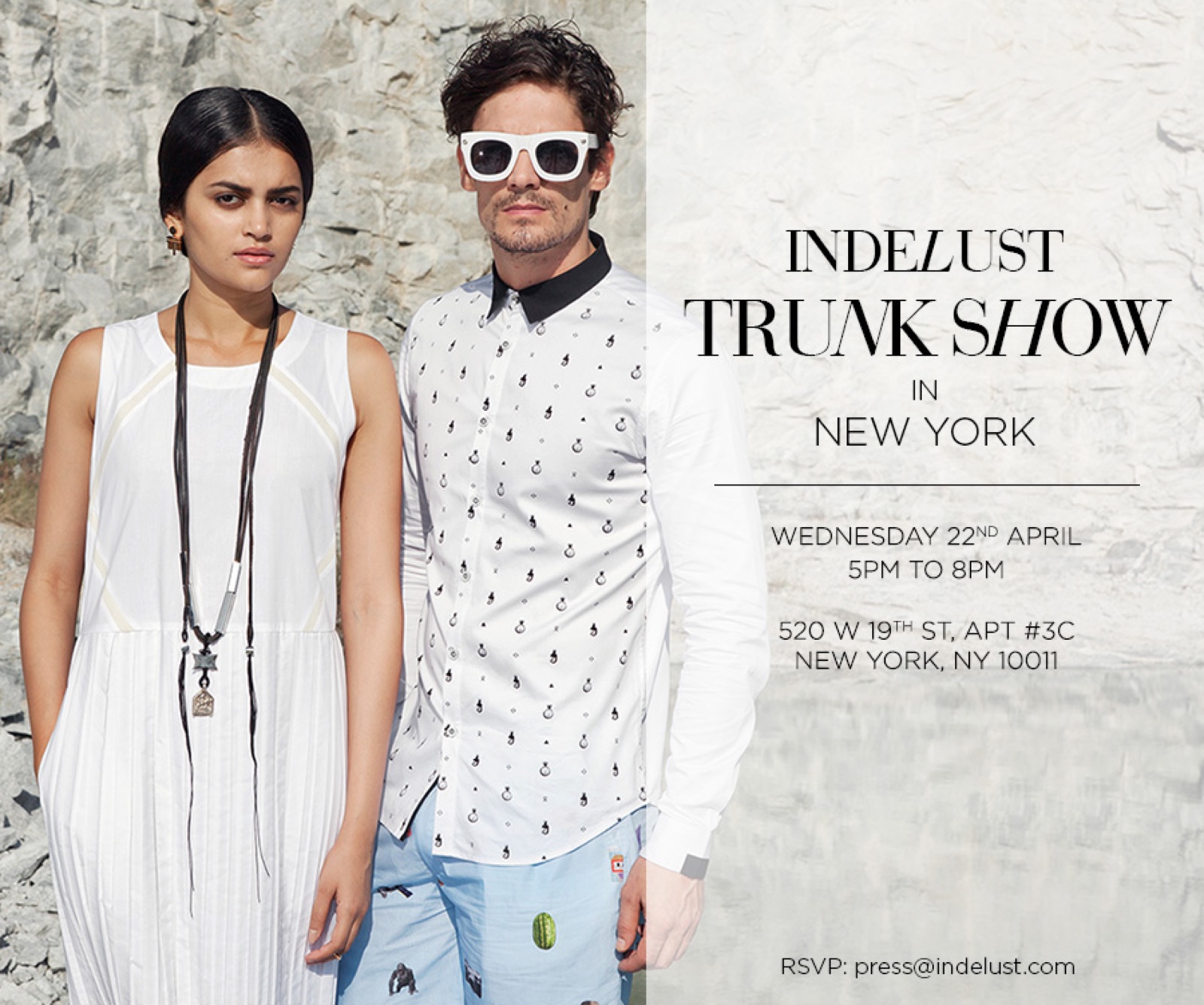 An Indelust trunk show invitation for an event in New York, two models against a stone wall.