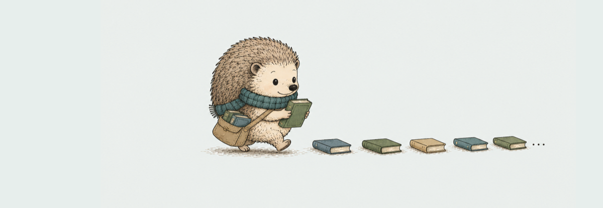Illustration of a hedgehog in a scarf carrying books, following a trail of books ahead