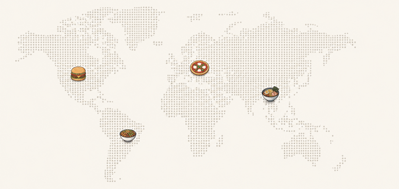 Illustrated world map with dishes (burger, pizza, ramen, curry) pinned to the regions they come from