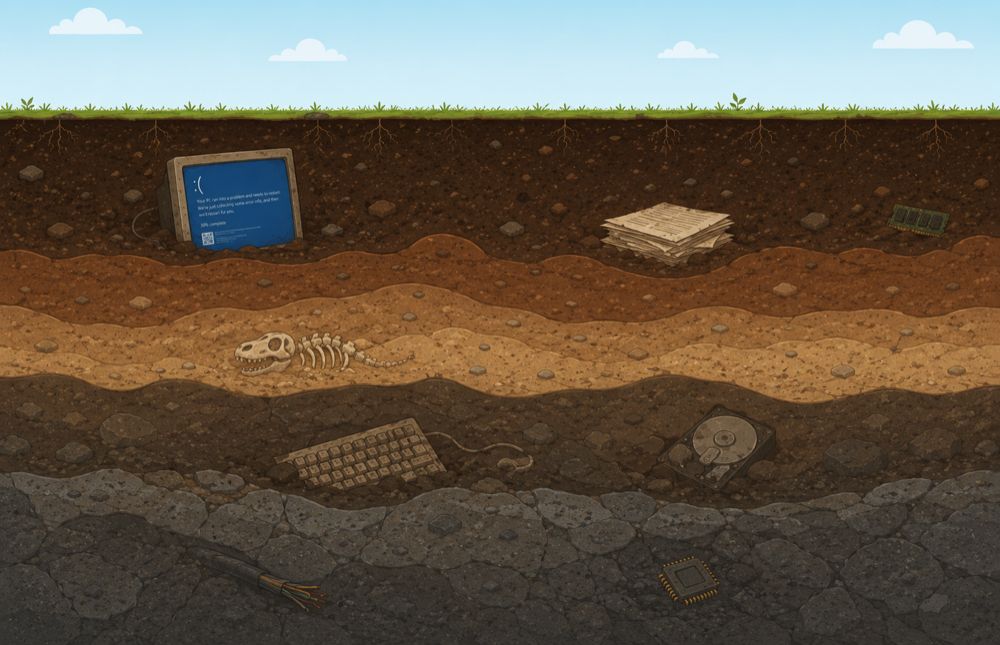 Cross-section illustration of soil layers with a broken computer, keyboard and chip buried at different depths, a dinosaur skeleton in the middle strata, and grass growing at the surface